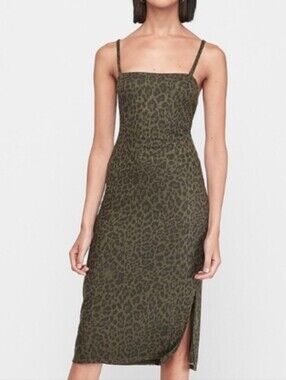Express Olive Green Leopard Print Midi Dress Ribbed Tank Straps Slit Cotton Xs